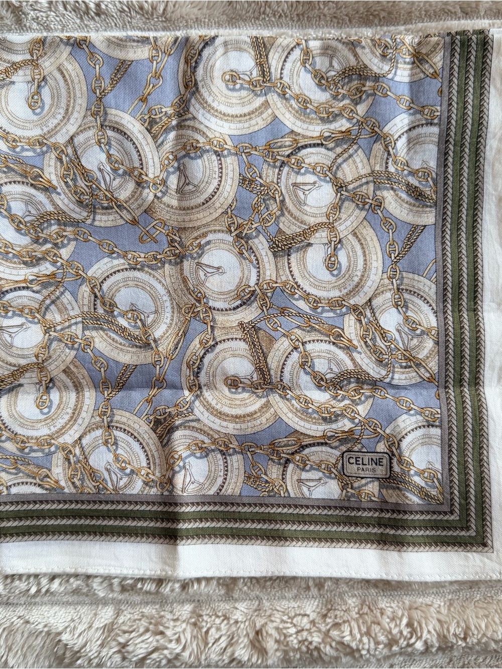 Celine Cotton Scarf with Gold Chain Medallion on Pale Blue